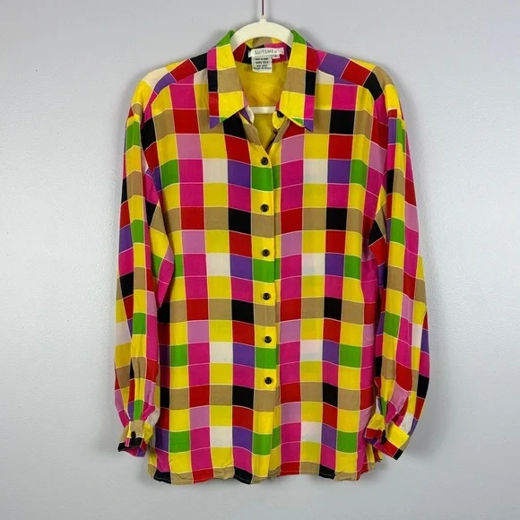 Suitsme Vibrant Retro Style Relaxed Fit Silk Multicolor Checkered Small Blouse - Picture 2 of 11
